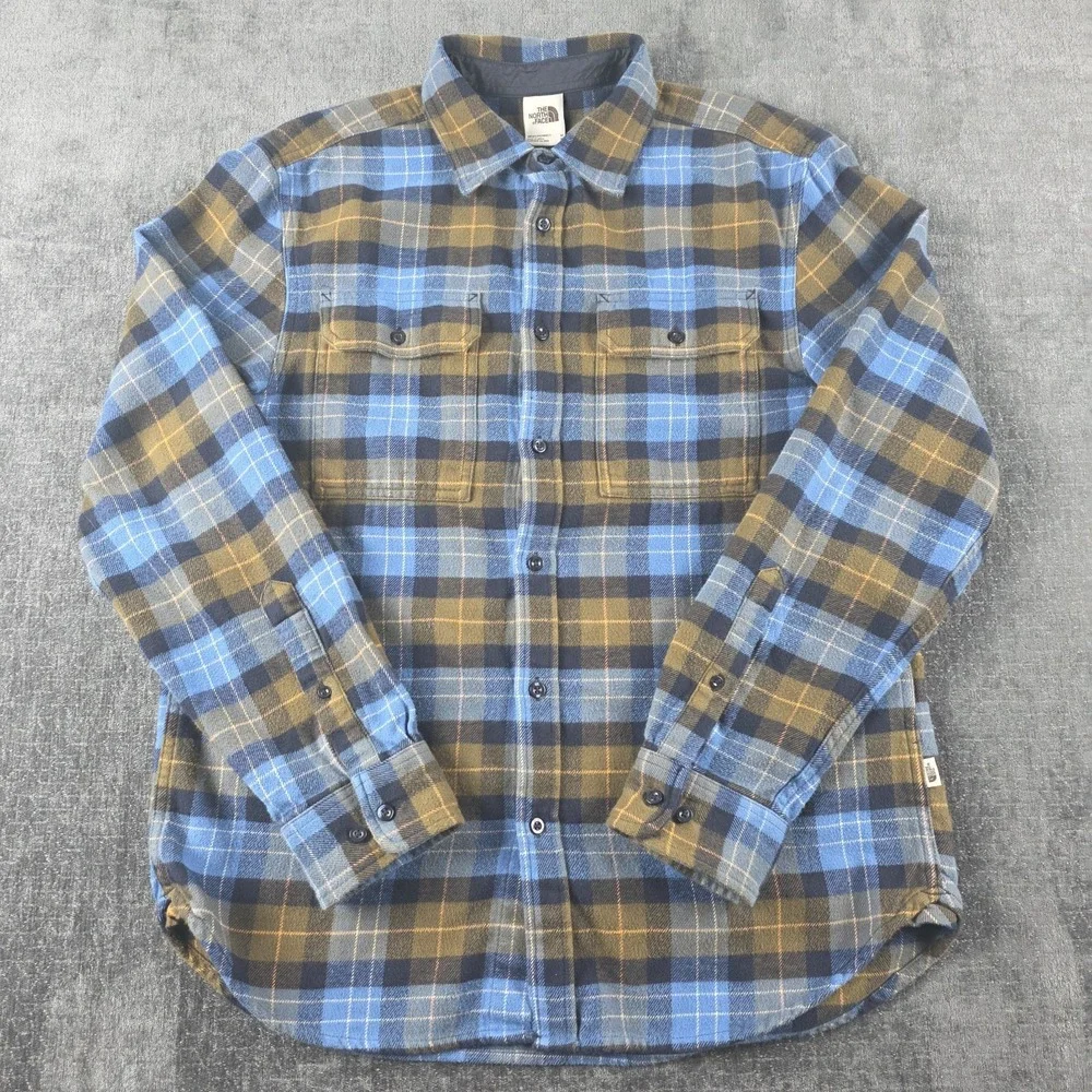 North Face Plaid Flannel Shirt Mens Medium Blue Hiking Camping Dual Pocket M